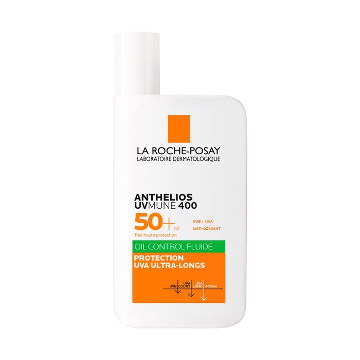 لاروش بوزيه أنثيليوس UVMUNE 400 - سائل واقي شمس للوجه بمعامل حماية SPF50+، بتركيبة مطفئة للمعة ومعطر، للبشرة المختلطة إلى الدهنية، 50 مل