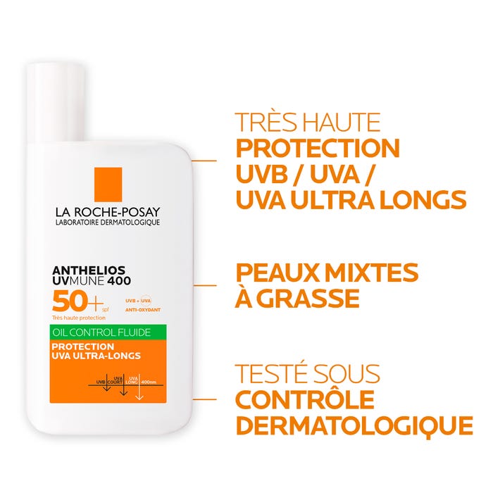 لاروش بوزيه أنثيليوس UVMUNE 400 - سائل واقي شمس للوجه بمعامل حماية SPF50+، بتركيبة مطفئة للمعة ومعطر، للبشرة المختلطة إلى الدهنية، 50 مل - الصورة 2