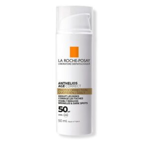 لاروش بوزيه أنثيليوس إيج كوريكت (Anthelios Age Correct) - واقي شمس يومي بمعامل حماية SPF50، يعمل على التصحيح الضوئي للبشرة ومقاومة التجاعيد والبقع الداكنة، 50 مل.