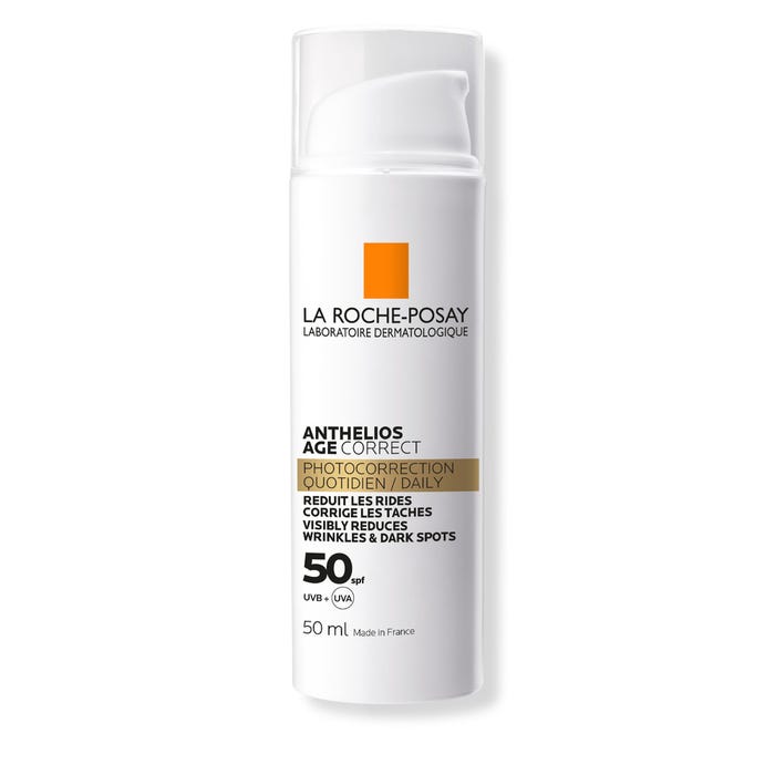 لاروش بوزيه أنثيليوس إيج كوريكت (Anthelios Age Correct) - واقي شمس يومي بمعامل حماية SPF50، يعمل على التصحيح الضوئي للبشرة ومقاومة التجاعيد والبقع الداكنة، 50 مل.