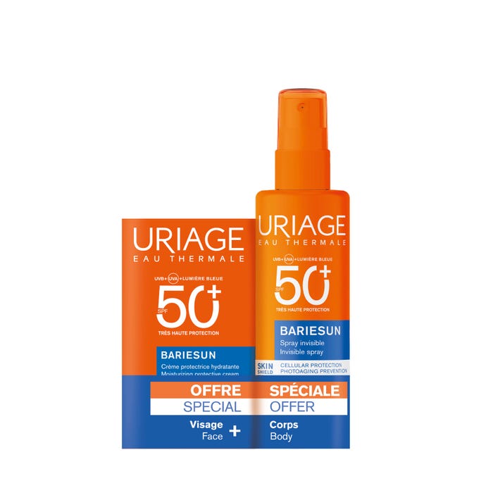 يورياج بارييسون (Uriage BARIÉSUN) - واقي شمس مرطب للوجه بمعامل حماية SPF50+ (سعة 50 مل) + بخاخ واقي شمس غير مرئي للجسم بمعامل حماية SPF50+ (سعة 200 مل)
