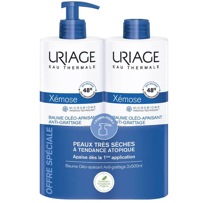 URIAGE XEMOSE - بلسم Duo Oil-Soothing المضاد للخدش - الوجه والجسم - بشرة جافة جدا مع ميل التأتبي، 2x500 مل